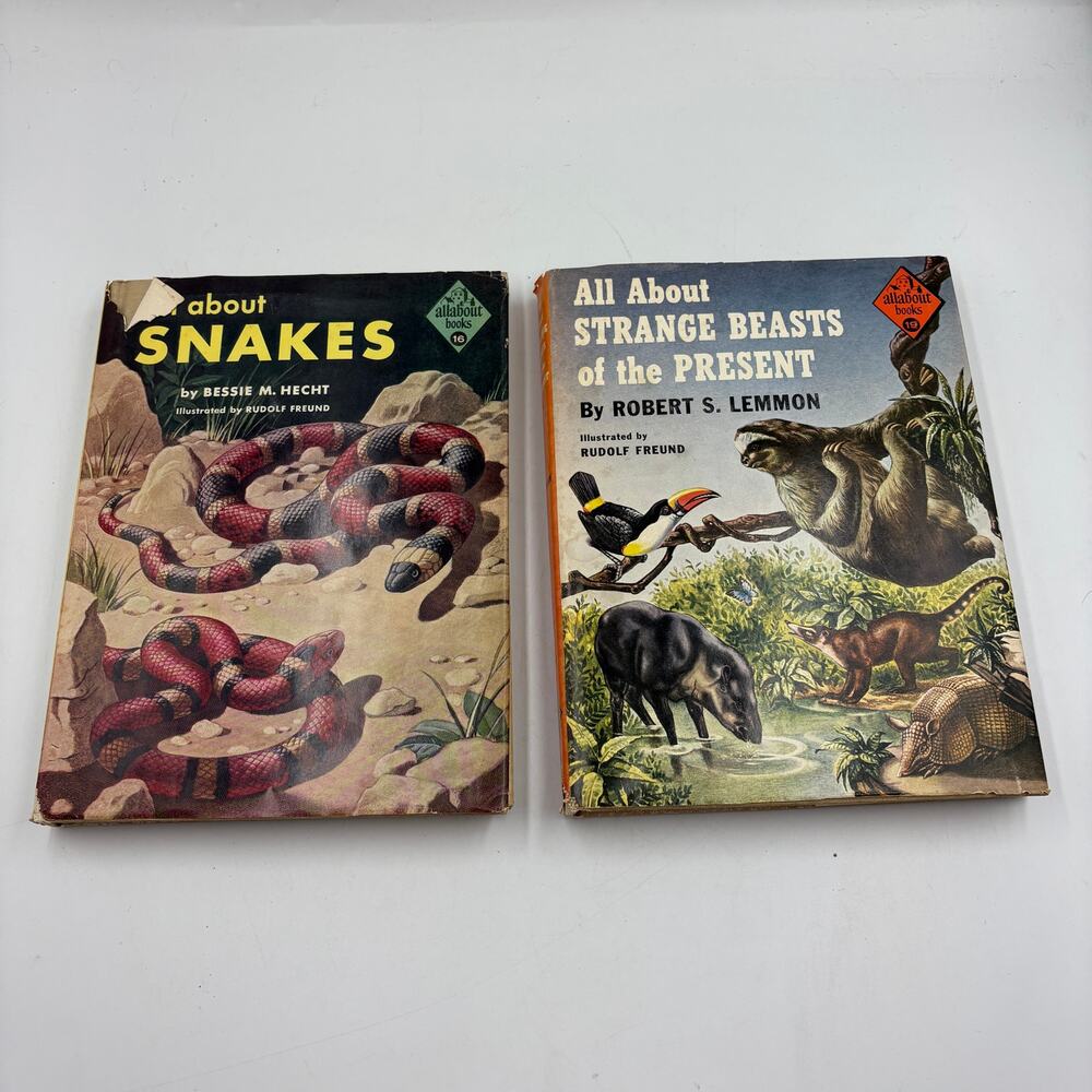 2 Vintage Random House All About Books Snakes Strange Beasts 1956 1957 R. Freund